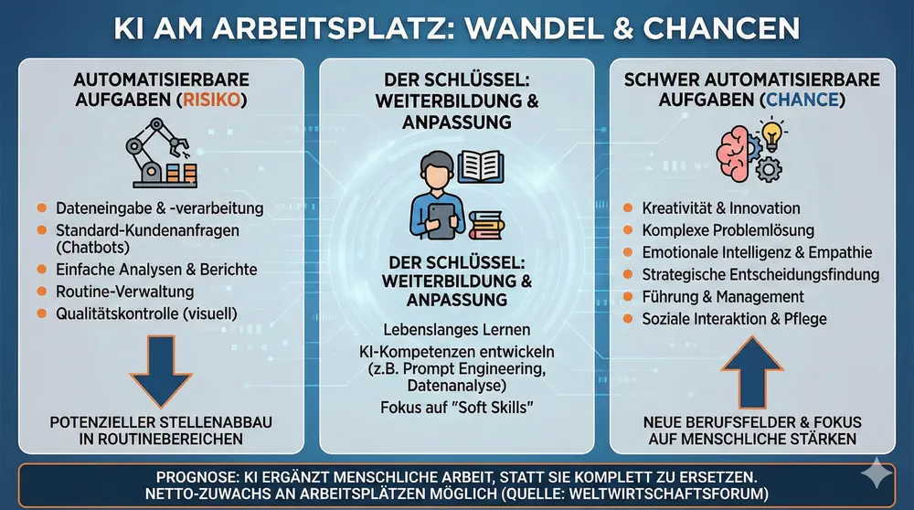 Diese Infografik gibt einen Überblick über die Veränderungen, die KI am Arbeitsplatz mit sich bringt. Sie stellt automatisierbare Routineaufgaben den schwer automatisierbaren, menschlichen Fähigkeiten gegenüber und betont die Bedeutung von Weiterbildung und Anpassung, um die Chancen der KI zu nutzen.